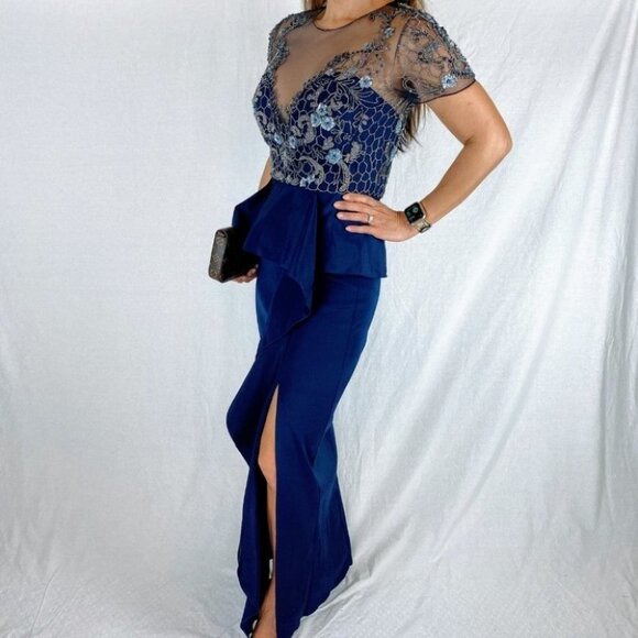 Marchesa Notte Navy Lace Ruffle Formal Gown $1195 - Picture 6 of 13